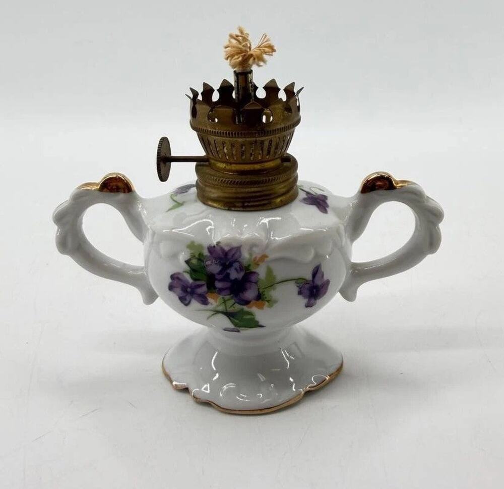 Vintage Nikoniko China Japan Porcelain Oil Lamp Hand Painted Violets EW-1412